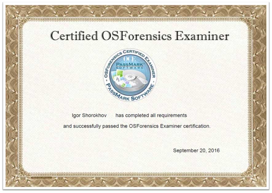OSForensics Examiner Certificate