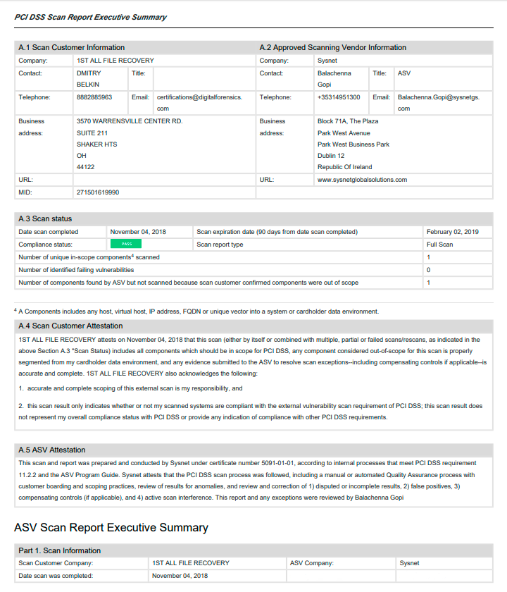 PCI DSS Compliant Report Page 1