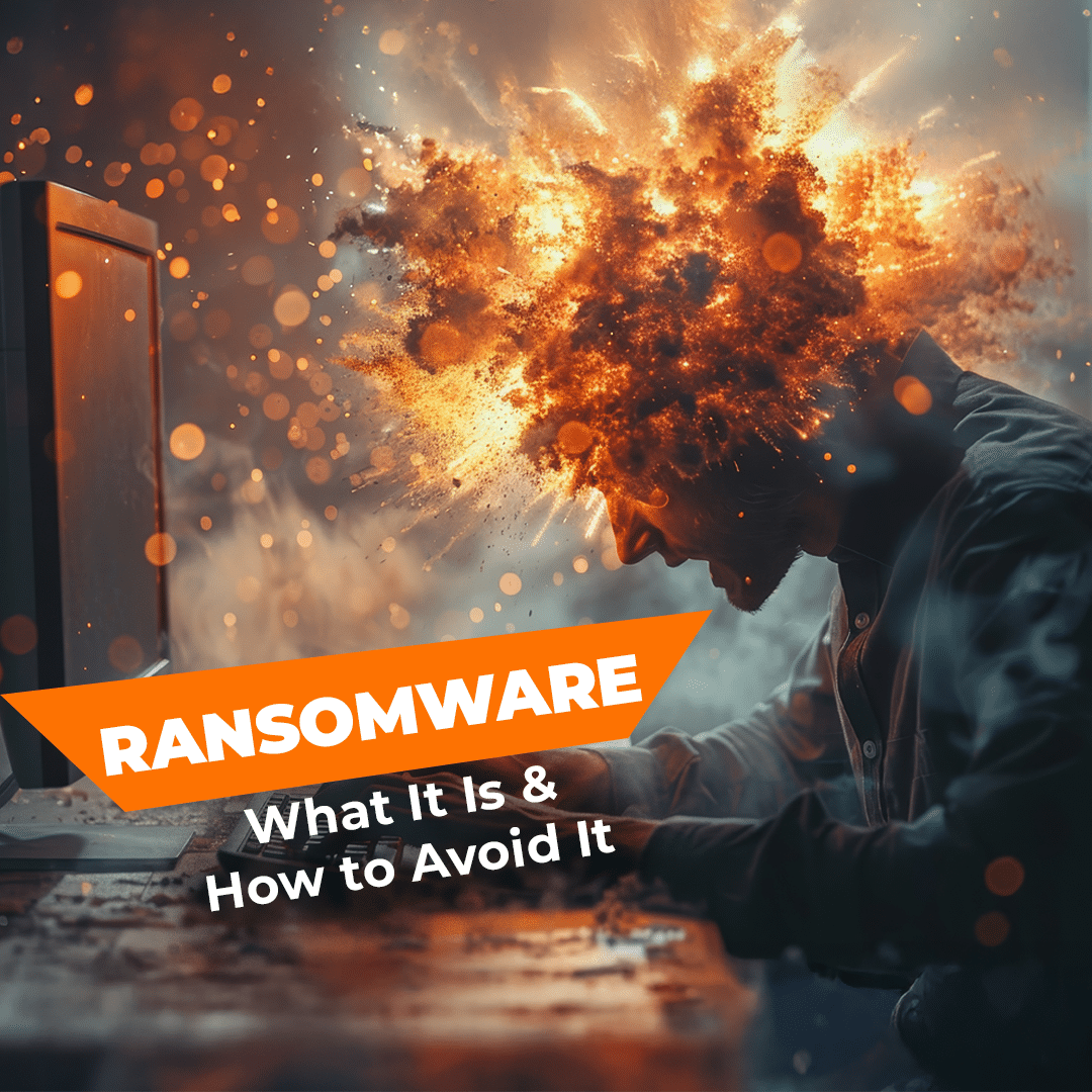 A person recoils in shock as their computer screen explodes in a burst of orange and white light, symbolizing the devastating impact of a ransomware attack.