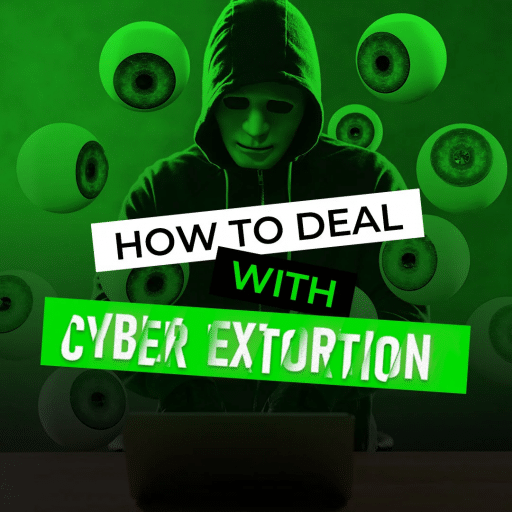 Cyber extortion concept with a hacker in a dark hoodie sitting in front of a glowing computer screen displaying binary code and warning symbols.