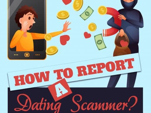 Illustration of a woman being scammed out of money and love by a digital scammer on a dating app.