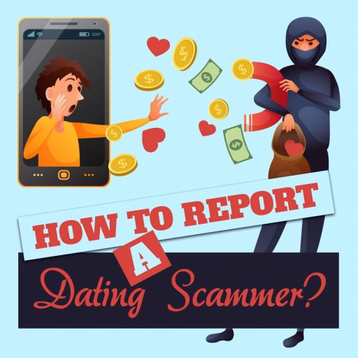 Illustration of a woman being scammed out of money and love by a digital scammer on a dating app.