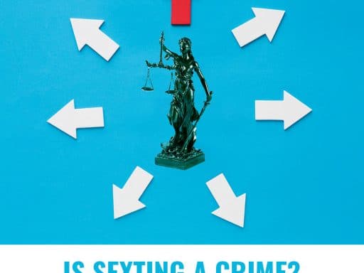 An illustration of the statue of Blind Justice surrounded by arrows pointing in various directions, symbolizing the complex legal landscape of sexting cases.