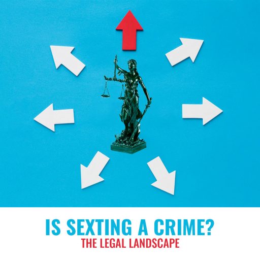 An illustration of the statue of Blind Justice surrounded by arrows pointing in various directions, symbolizing the complex legal landscape of sexting cases.