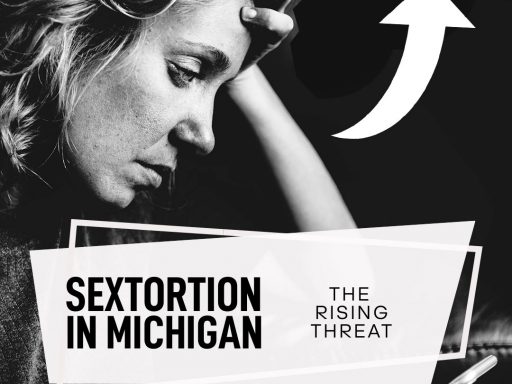 An picture depicting the rising threat of sextortion in Michigan, featuring warning symbols.