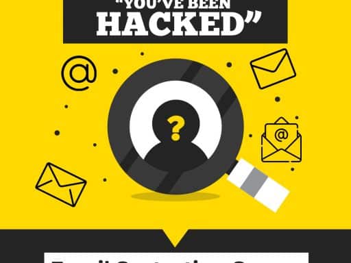 An illustration of a warning message reading "You've Been Hacked," symbolizing the threat of email sextortion scams aimed at gaining access to personal information.