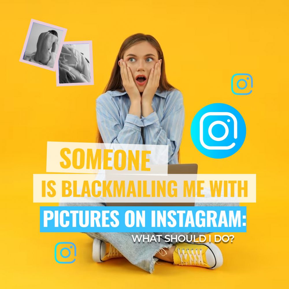 A shocked woman realizing her intimate pictures are being shared by a blackmailer on Instagram