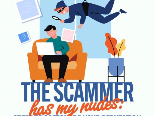 An illustration of a scammer descending from the ceiling, symbolizing the theft of intimate images and the threat to a victim's reputation.