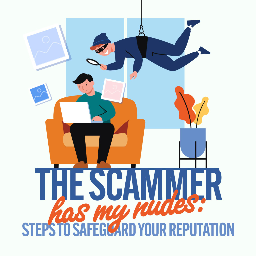 An illustration of a scammer descending from the ceiling, symbolizing the theft of intimate images and the threat to a victim's reputation.