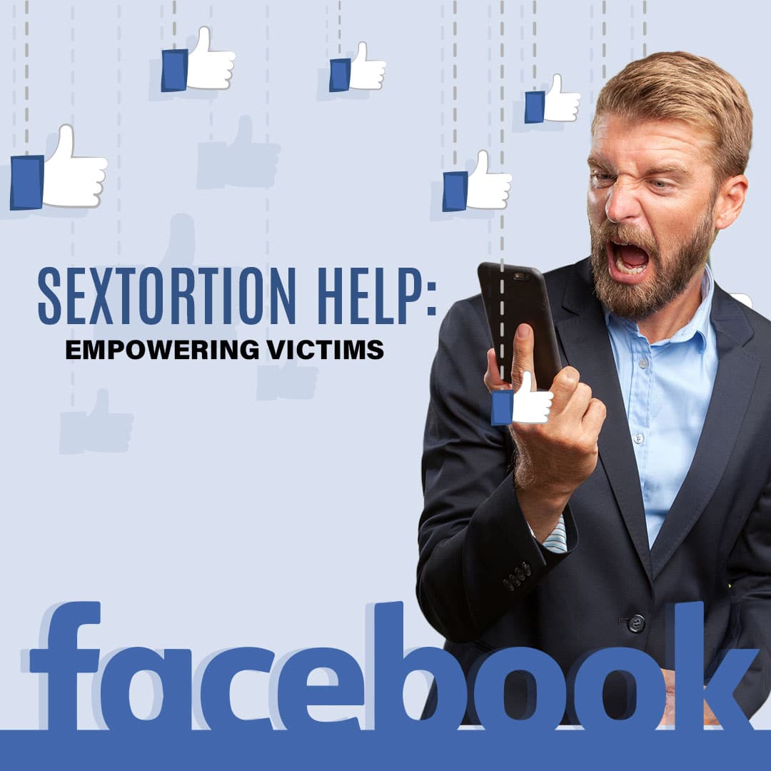 A distressed businessman looking at his phone, realizing intimate images have been leaked on Facebook, with notification icons indicating increasing likes.