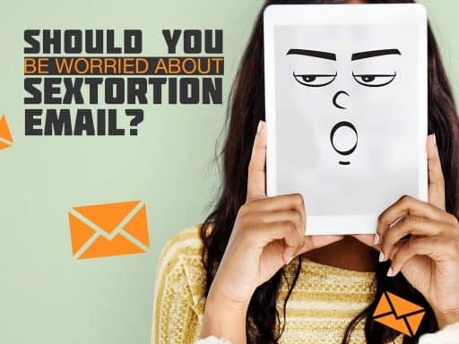 An illustration of a woman holding an iPad in front of her face, expressing concern about receiving a sextortion email.