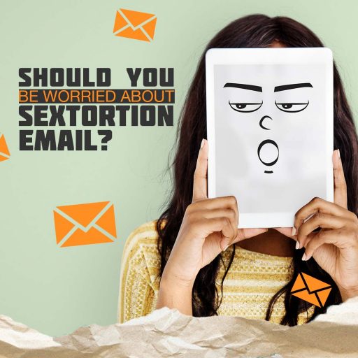 An illustration of a woman holding an iPad in front of her face, expressing concern about receiving a sextortion email.