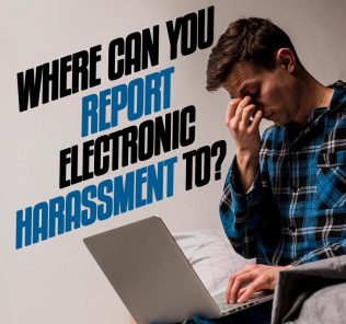 An illustration of a frustrated man staring at his computer screen, symbolizing confusion about reporting electronic harassment.