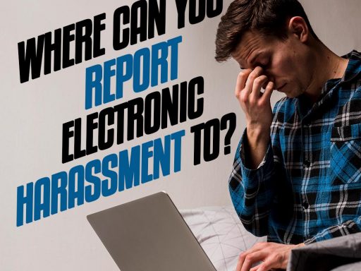 An illustration of a frustrated man staring at his computer screen, symbolizing confusion about reporting electronic harassment.