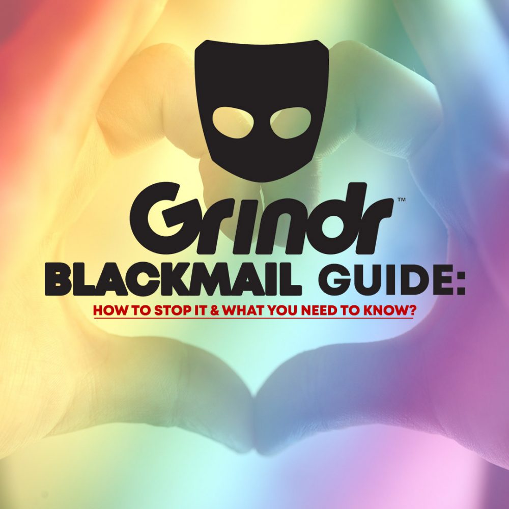 An image featuring the Grindr logo, accompanied by warning symbols representing blackmail and online safety.