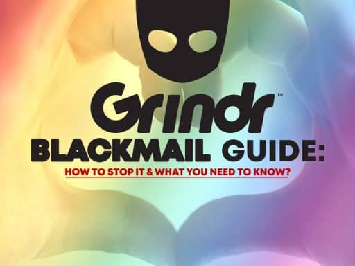 An image featuring the Grindr logo, accompanied by warning symbols representing blackmail and online safety.