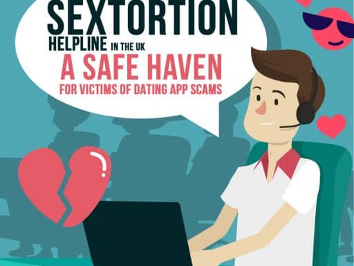 An illustration of a UK man helping a victim of sextortion through the UK helpline.