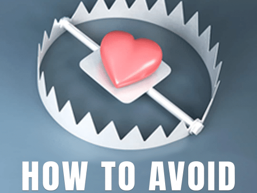 A pink heart rests on the trigger of a metallic bear trap, symbolizing the dangers of romance scams. The text "How to Avoid Romance Scams" is displayed below.