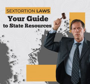 Image illustrating 'Sextortion Laws: Resources for Each State' with state-specific legal resources for sextortion victims