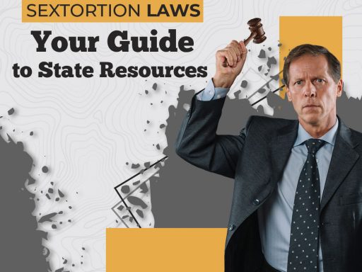 Image illustrating 'Sextortion Laws: Resources for Each State' with state-specific legal resources for sextortion victims