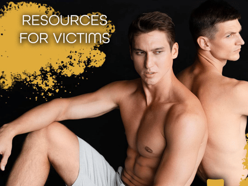 Two shirtless men sitting back-to-back against a dark background, looking in opposite directions. The image includes text that reads "Grindr Sextortion: Resources for Victims," with the Grindr logo in the bottom right corner.