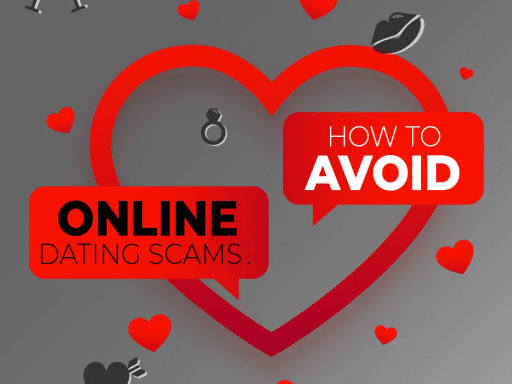 A graphic with a red heart outline on a gray background, surrounded by small icons of hearts, lips, a ring, champagne glasses, and candy. The text within red speech bubbles reads "HOW TO AVOID" and "ONLINE DATING SCAMS."