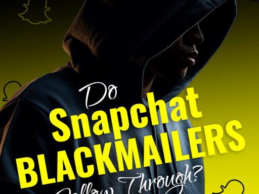 A man in a black hoodie, surrounded by Snapchat logos in the background, conveying the haunting presence of a blackmailer.