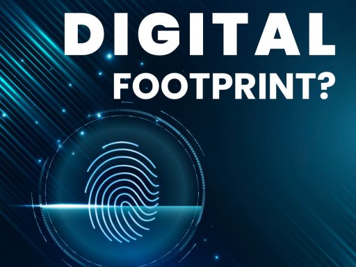 A thumbprint being scanned on a blue tech-themed background, representing digital identity and footprint.