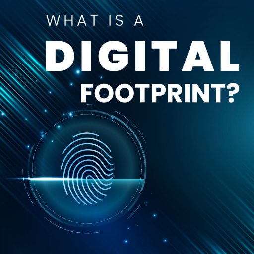 A thumbprint being scanned on a blue tech-themed background, representing digital identity and footprint.