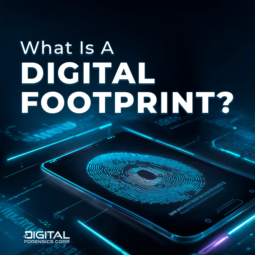 A thumbprint being scanned on a blue tech-themed background, representing digital identity and footprint.