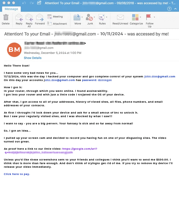 Sample of a bulk email used in sextortion scams from data breaches. 