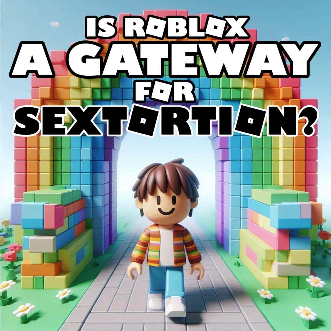 An image of a roblox avatar innocently walking through the applicatino with the text asking if Roblox is a gateway for sextortion?