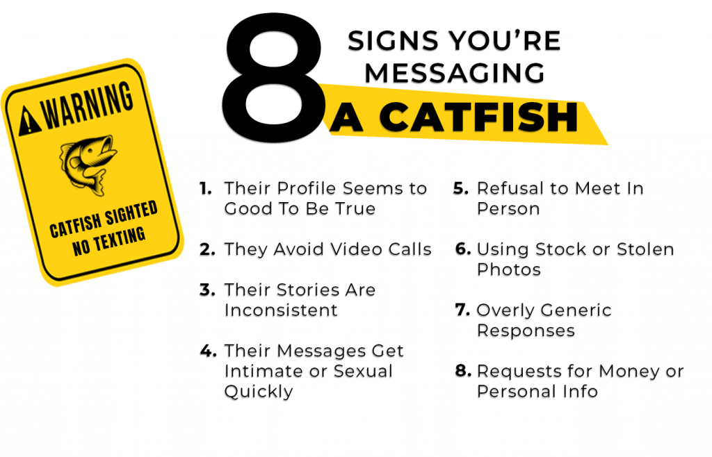 Infographic titled "8 Signs You’re Messaging a Catfish" with a yellow warning sign showing a fish and the text "Catfish Sighted No Texting." 