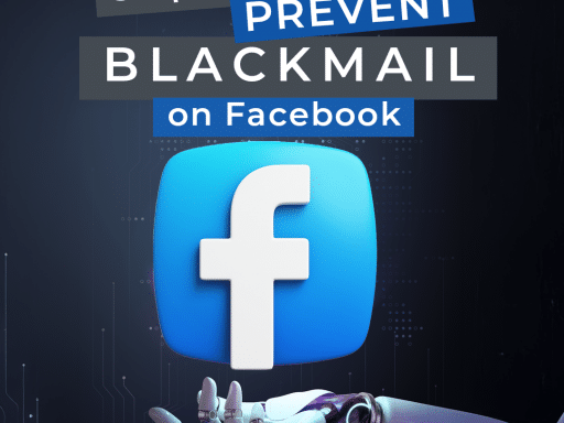 An image with the words steps to prevent blackmail on Facebook with a robotic arm holding the company logo.