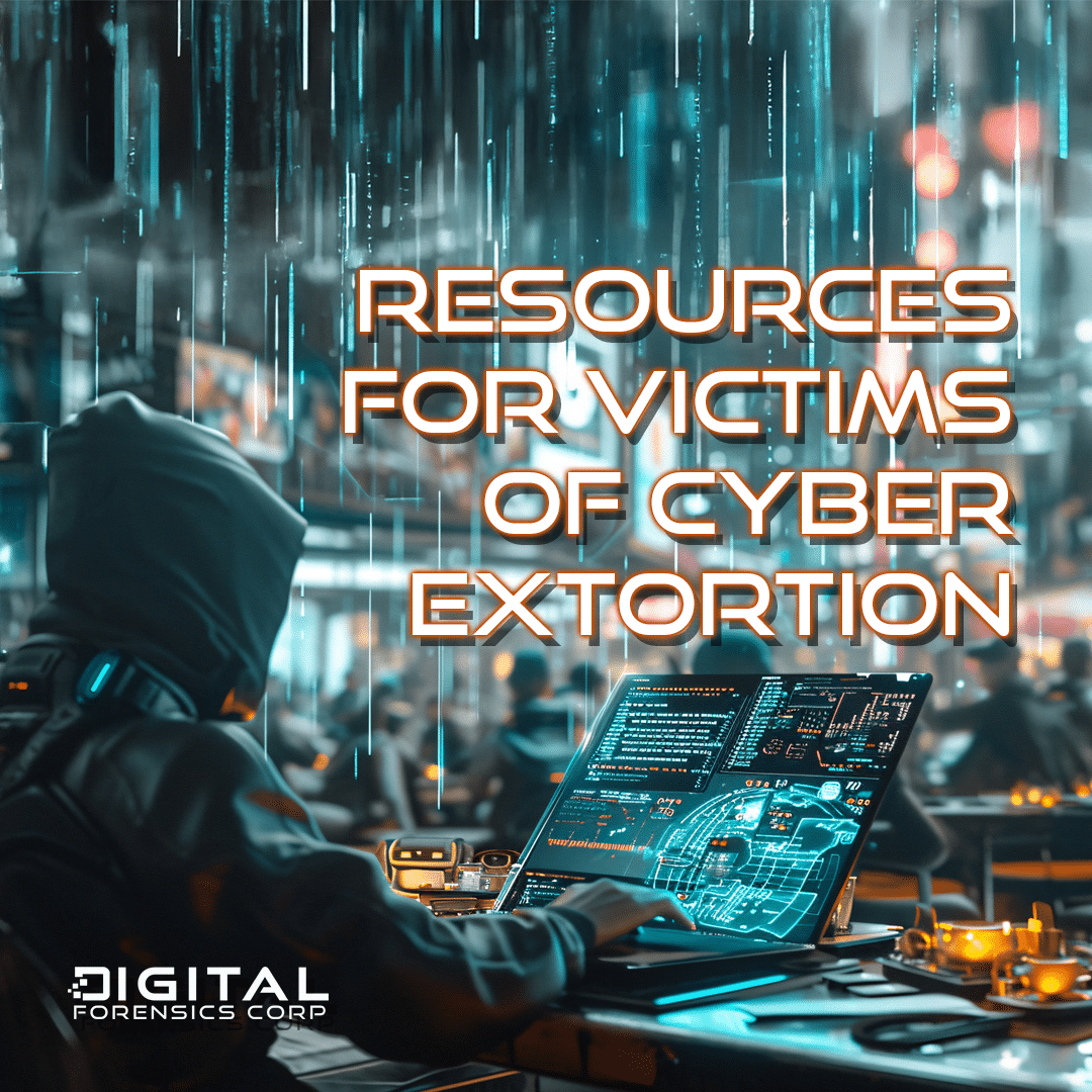 Cyber extortion resources for victims, featuring a hooded figure using a futuristic laptop