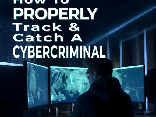 A cybersecurity expert working on multiple monitors displaying digital maps and data, with the text "How to Properly Track & Catch a Cybercriminal"