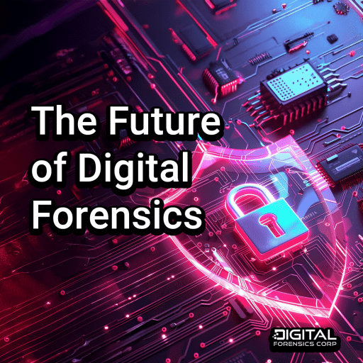 A futuristic purple cyber lock glowing against a digital background, symbolizing advanced security and the future of digital forensics.