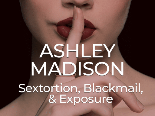 A close-up of a woman's lips with a finger held in front, signaling "shush." Text overlay reads "Ashley Madison: Sextortion, Blackmail, & Exposure."