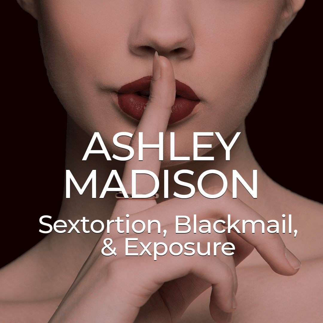 A close-up of a woman's lips with a finger held in front, signaling "shush." Text overlay reads "Ashley Madison: Sextortion, Blackmail, & Exposure."