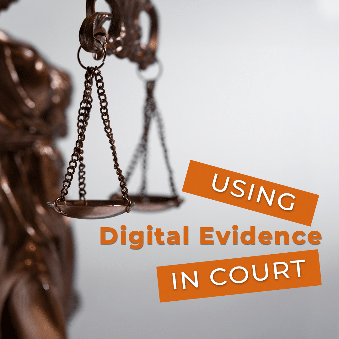 A close-up of a bronze justice statue with scales and the words "Using Digital Evidence in Court"