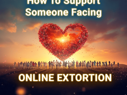 Illustration of a heart formed by a cloud of small particles against a sunset sky, with a crowd of people standing below. The text reads 'How To Support Someone Facing Online Extortion,' and the Digital Forensics Corp logo is at the bottom right.