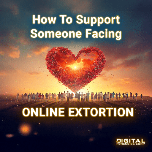 Illustration of a heart formed by a cloud of small particles against a sunset sky, with a crowd of people standing below. The text reads 'How To Support Someone Facing Online Extortion,' and the Digital Forensics Corp logo is at the bottom right.