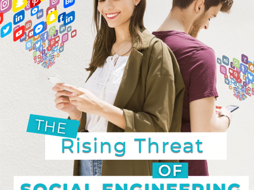 A smiling woman and a man are standing back-to-back, each using their smartphones. Icons of popular social media platforms like Facebook, Instagram, LinkedIn, and YouTube are shown flowing from their devices, symbolizing digital connectivity. Text overlay reads: "The Rising Threat of Social Engineering."