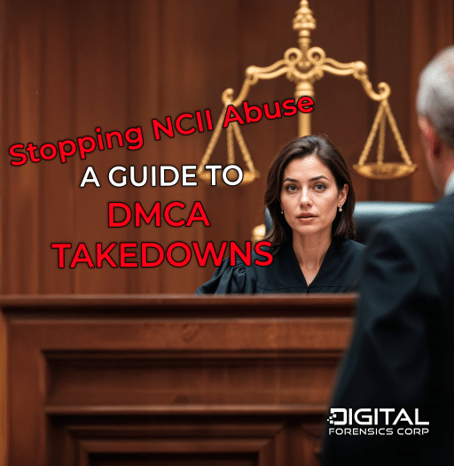 A female judge sits in a courtroom with a serious expression, the scales of justice visible behind her. The text reads, "Stopping NCII Abuse: A Guide to DMCA Takedowns," with the Digital Forensics Corp logo in the corner.