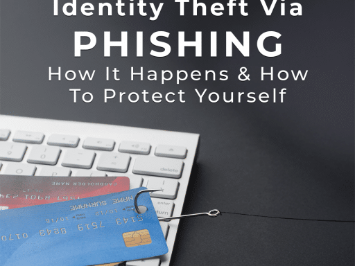 a photo featuring a keyboard, an ID card, and credit cards, with the words "Identity Theft Via Phishing" prominently displayed, symbolizing online fraud and cyber threats