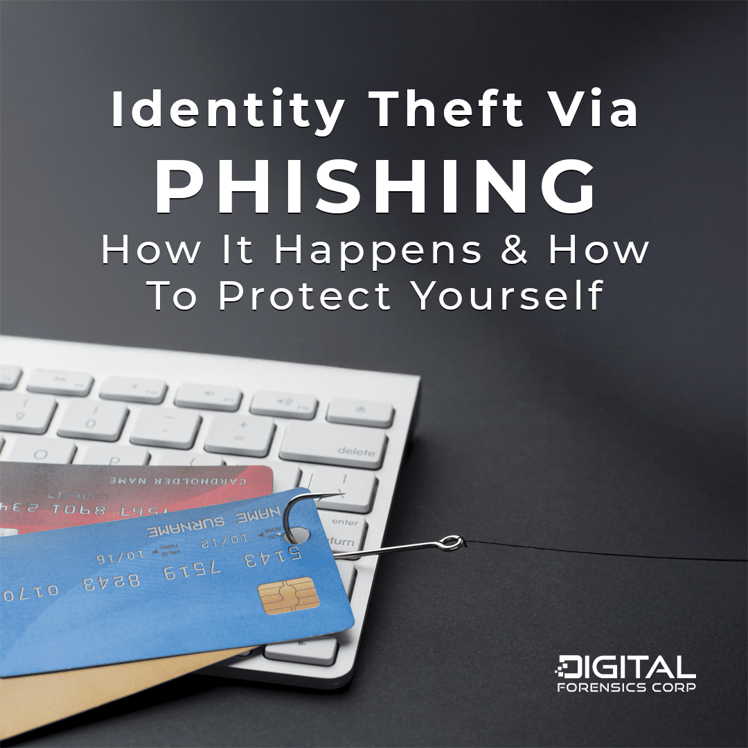 a photo featuring a keyboard, an ID card, and credit cards, with the words "Identity Theft Via Phishing" prominently displayed, symbolizing online fraud and cyber threats