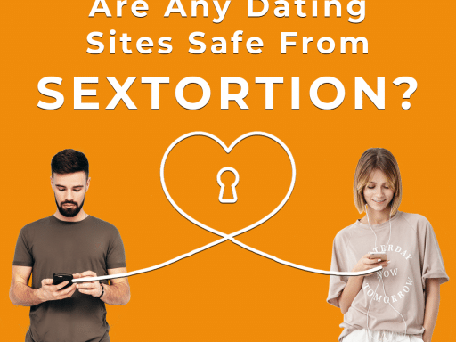 A man and woman using their phones, connected by a heart-shaped lock symbol, with the text "Are Any Dating Sites Safe From Sextortion?" on an orange background