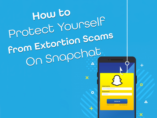 Illustration of a phone displaying a fake Snapchat login screen with a phishing hook, representing Snapchat extortion scams.