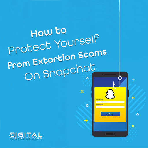 Illustration of a phone displaying a fake Snapchat login screen with a phishing hook, representing Snapchat extortion scams.