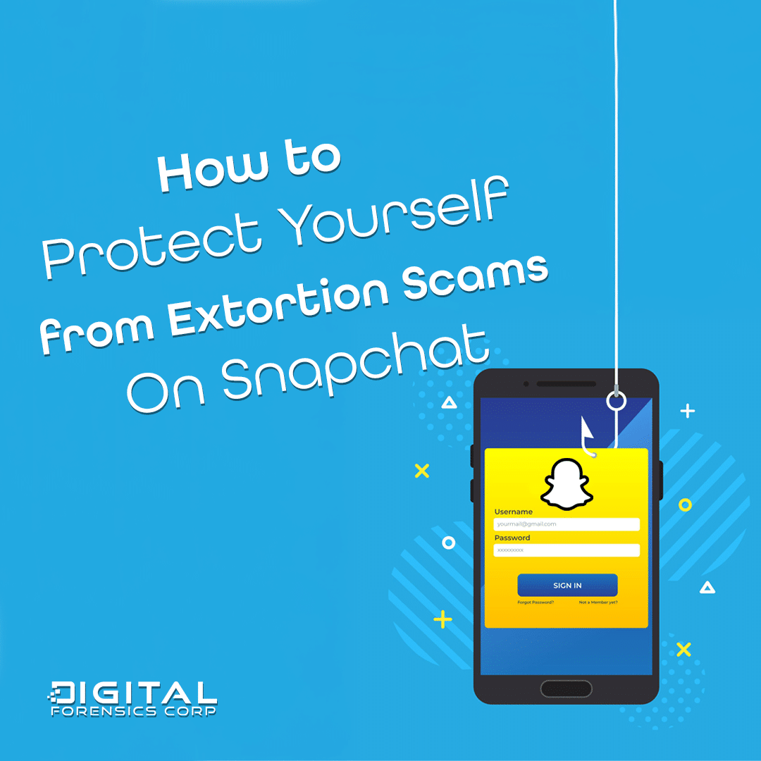 Illustration of a phone displaying a fake Snapchat login screen with a phishing hook, representing Snapchat extortion scams.